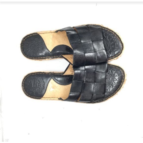Born Women's Wedge Cork Sandals Slip-On Leather Open Toe Black Size 6 - Picture 6 of 12